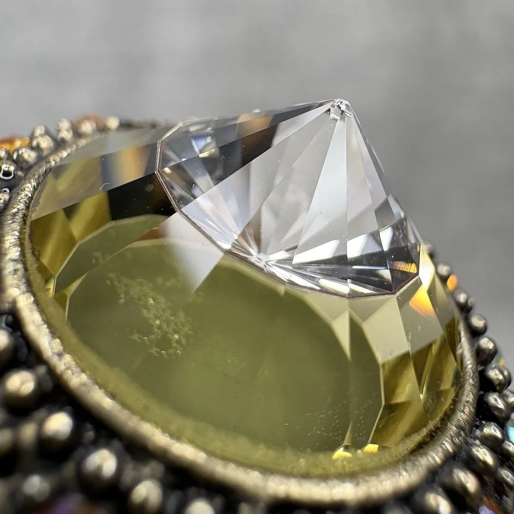Vintage Style Large Yellow Glass Statement Ring AB Rhinestones Antique Gold Tone